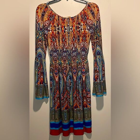 Boston Proper- Boho Paisley Print Bell Sleeves Stretch Smocked Dress- Size 2 - Picture 2 of 8